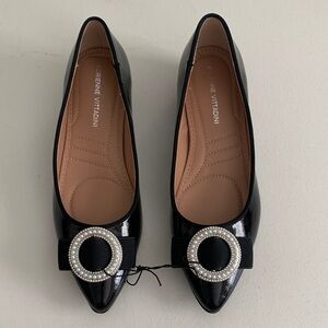 Adrienne Vittadini Black Patent Pointed Toe Flats with Pearl-Trim Buckle